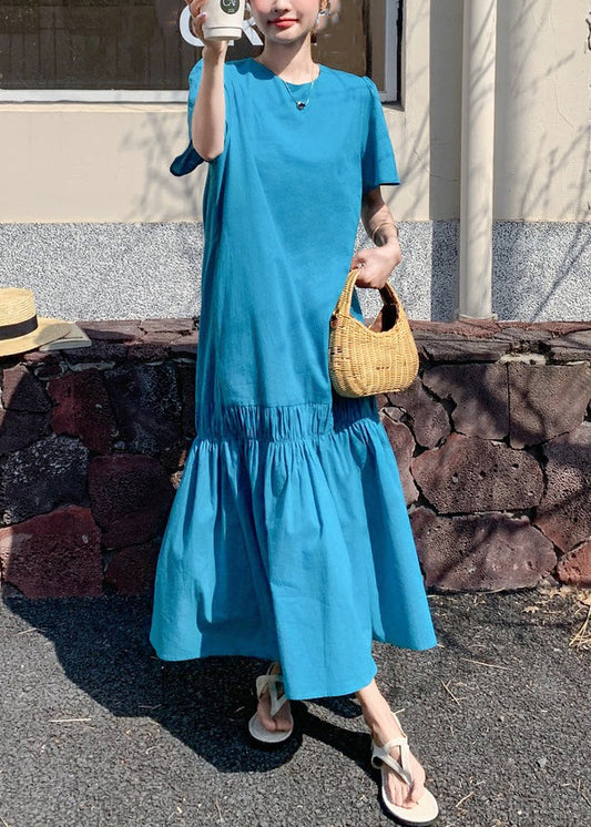Novelty Blue Ruffled Patchwork Hollow Out Solid Long Dress Summer