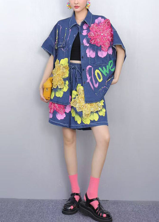 Novelty Blue Sequins Print Patchwork Denim Two Pieces Set Summer