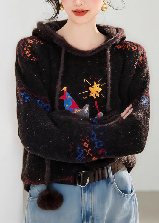 Suéter con capucha de punto de algodón grueso con estampado de encaje y lazo de café novedoso para primavera