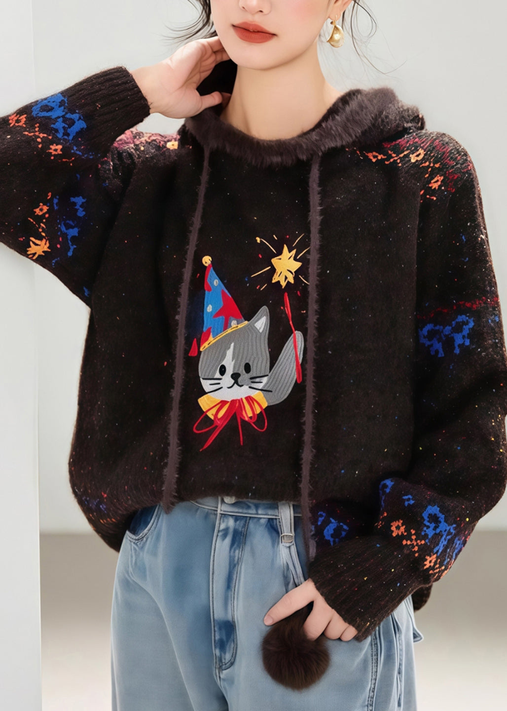 Suéter con capucha de punto de algodón grueso con estampado de encaje y lazo de café novedoso para primavera