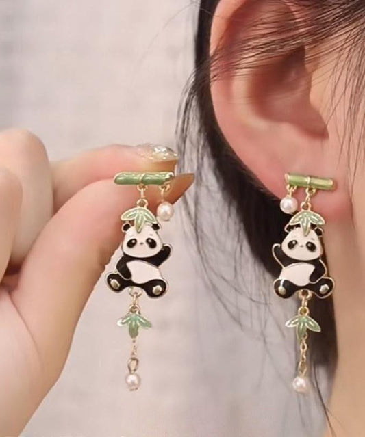 Pendientes colgantes con borlas de bambú, panda, perla y circonita de aleación de metal con bloques de colores novedosos