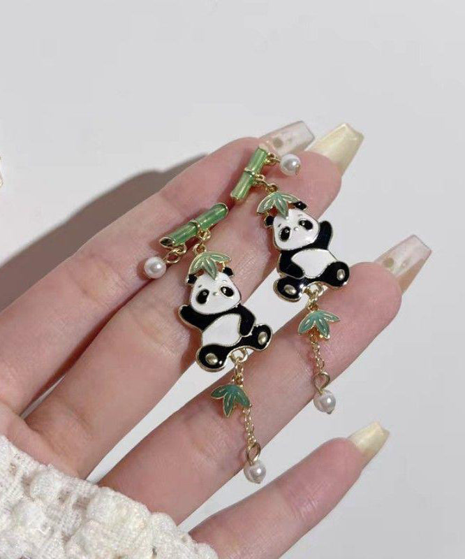 Pendientes colgantes con borlas de bambú, panda, perla y circonita de aleación de metal con bloques de colores novedosos