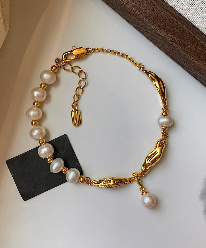 Novelty Gold Copper Overgild Metal Patchwo Pearl Charm Bracelet
