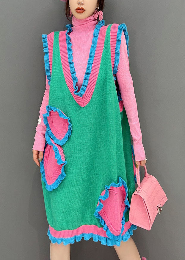 Neuartiges grünes V-Ausschnitt Patchwork Rüschen Strickkleid ärmellos