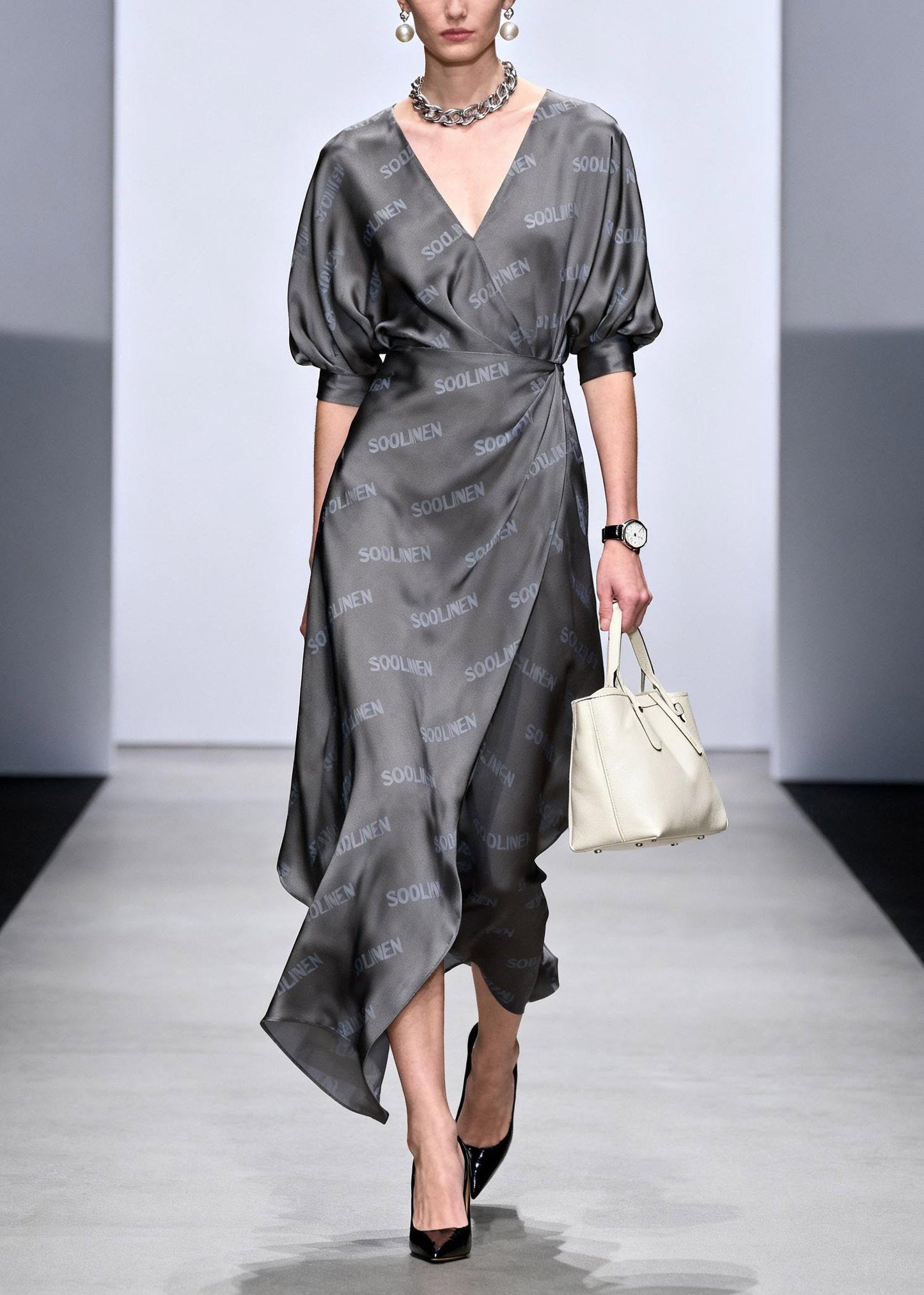 Novelty Grey Asymmetrical Cinched Long Dress Summer