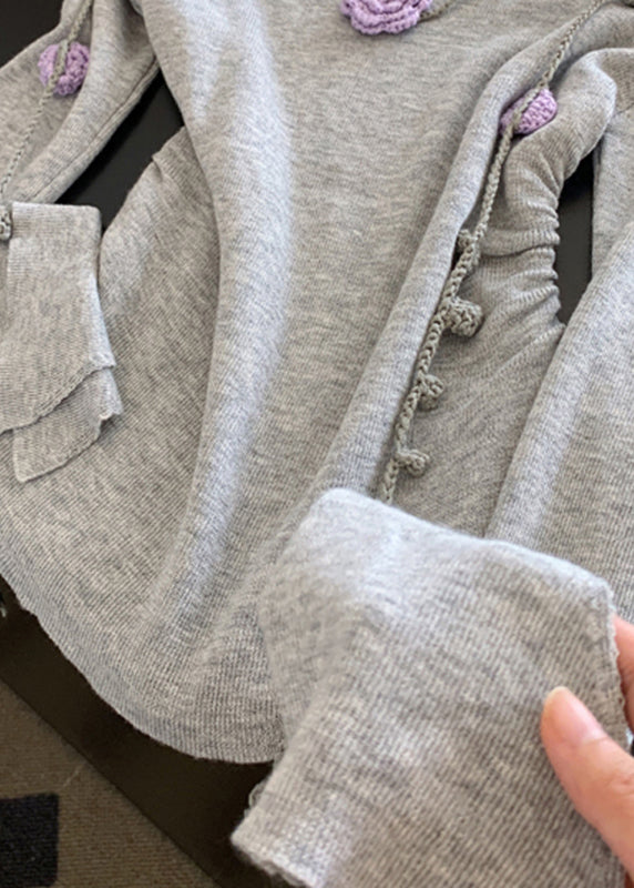 Tops de punto con encaje floral y cuello en V gris novedosos para otoño