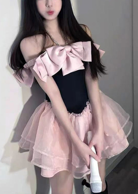 Neuheit Rosa Schleife Zirkon Tüll Patchwork Mid Kleid Sommer
