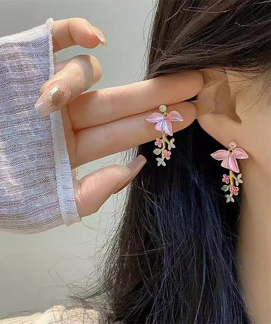 Novelty Pink Copper Zircon Floral Enamel Tassel Drop Earrings