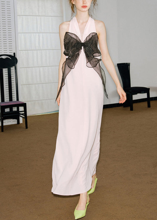 Novelty Pink V Neck Bow Satin Maxi Dresses Summer