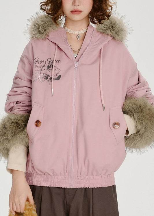 Novelty Pink Zip Up Fur Collar Patchwork Cotton Hooded Jacket Spring