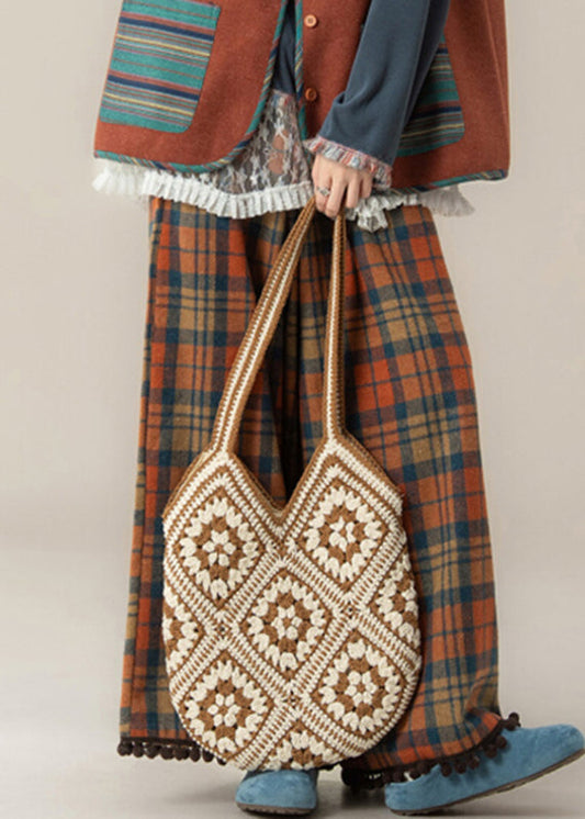 Novelty Red Plaid Pockets Tassel Wide Leg Pants Spring