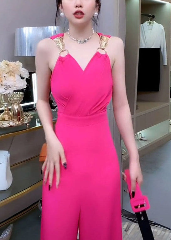 Novelty Rose V-Ausschnitt Einfarbige Baumwolle Jumpsuits Ärmellos