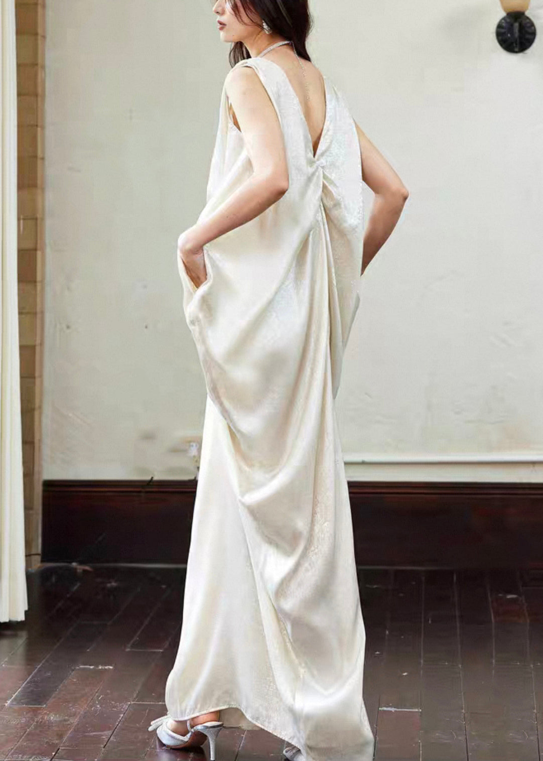 Novelty V Neck Pockets Wrinkled Cotton Maxi Dress Sleeveless