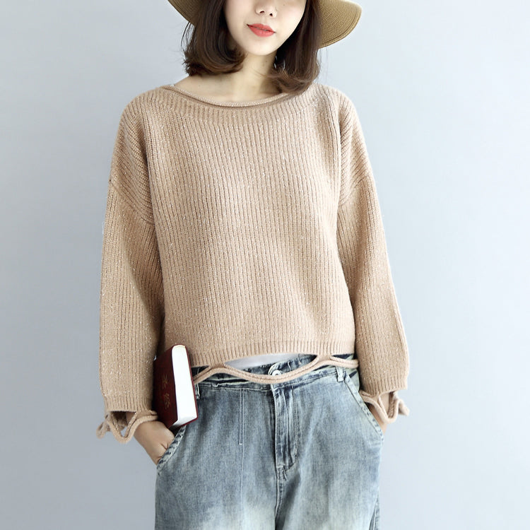 Nudefarbene, kurze Strickpullover mit tiefem Saum, übergroße Pullover-Oberteile für Damen