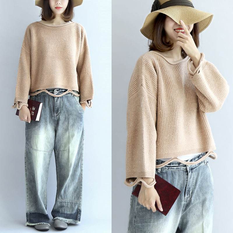 Nudefarbene, kurze Strickpullover mit tiefem Saum, übergroße Pullover-Oberteile für Damen