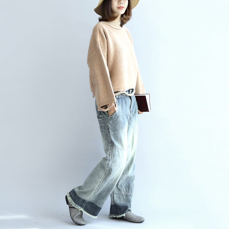 Nudefarbene, kurze Strickpullover mit tiefem Saum, übergroße Pullover-Oberteile für Damen
