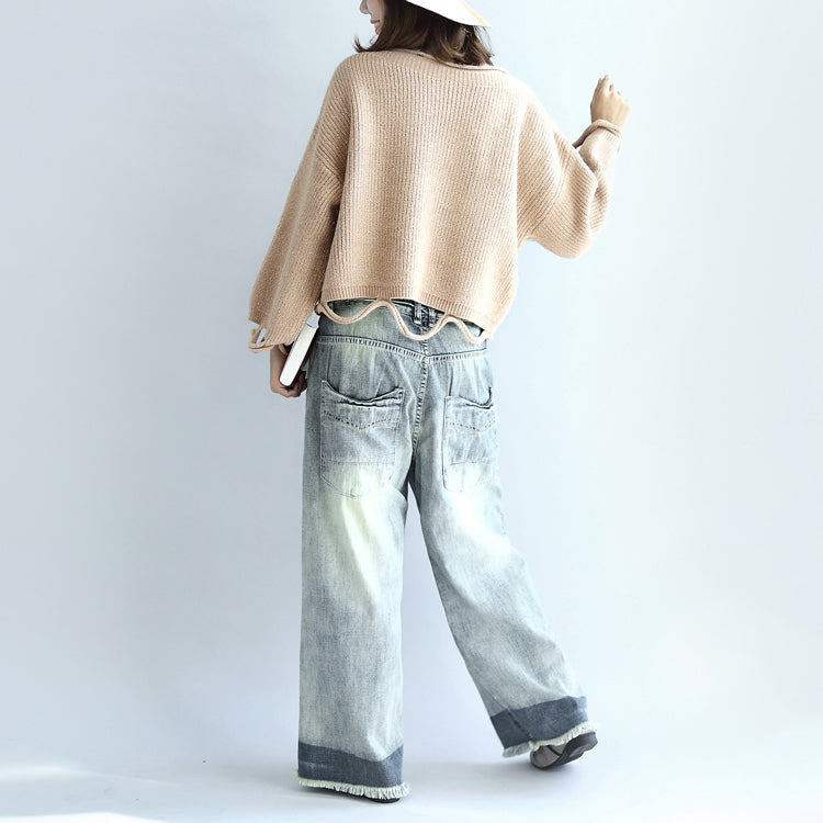 Nudefarbene, kurze Strickpullover mit tiefem Saum, übergroße Pullover-Oberteile für Damen