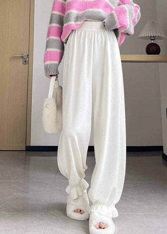 Haferflockenfarbene, elastische Hose mit einfarbigem Bund