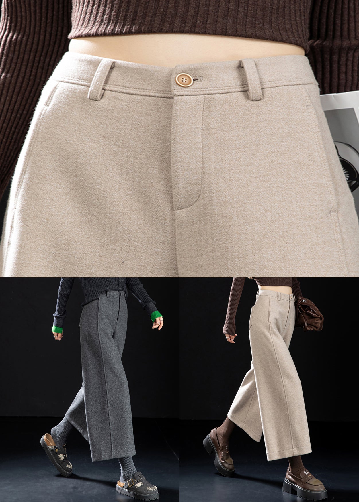 Oatmeal Pockets Woolen Wide Leg Pants High Waist