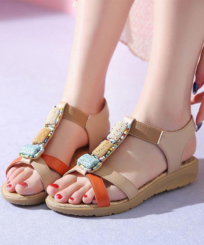 Orange Flat Sandals Cowhide Leather Handmade best sandals for walking - SooLinen