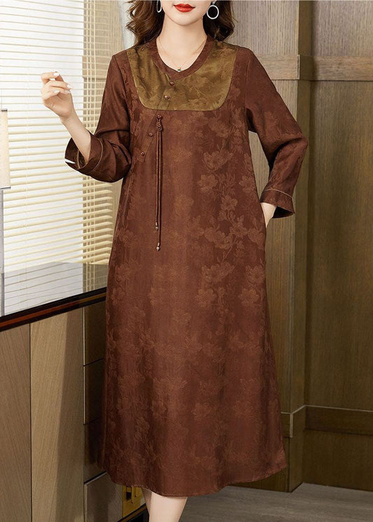 Orange Patchwork Seide Langes Kleid Quaste Jacquard Herbst