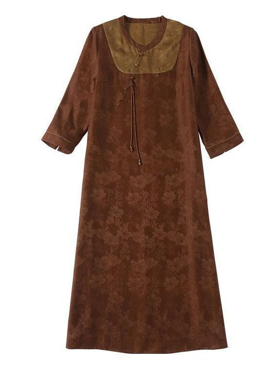 Orange Patchwork Seide Langes Kleid Quaste Jacquard Herbst