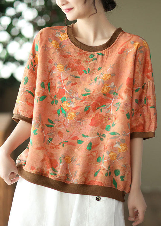 Camiseta de lino con estampado de patchwork naranja, cuello redondo y manga corta