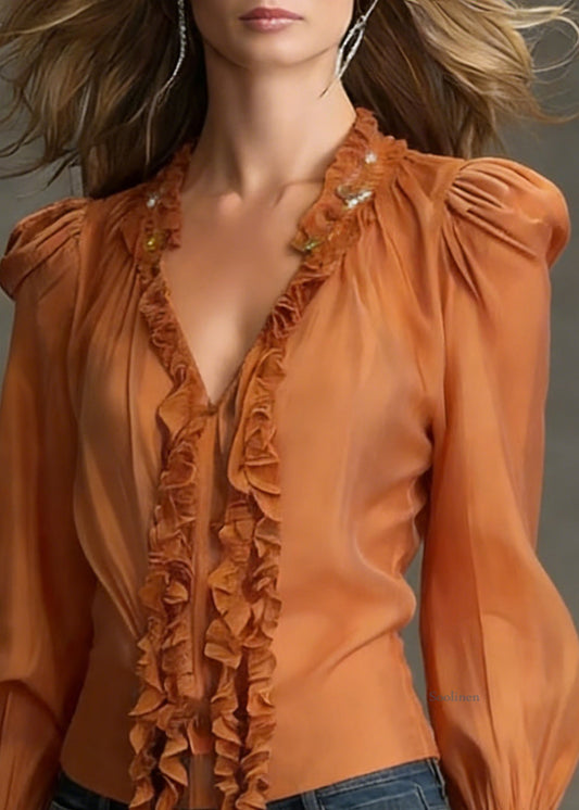 Orange Ruffled Cotton Blouse Tops V Neck Flare Sleeve