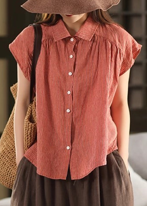 Orange Striped Button Linen Summer Blouses Peter Pan Collar
