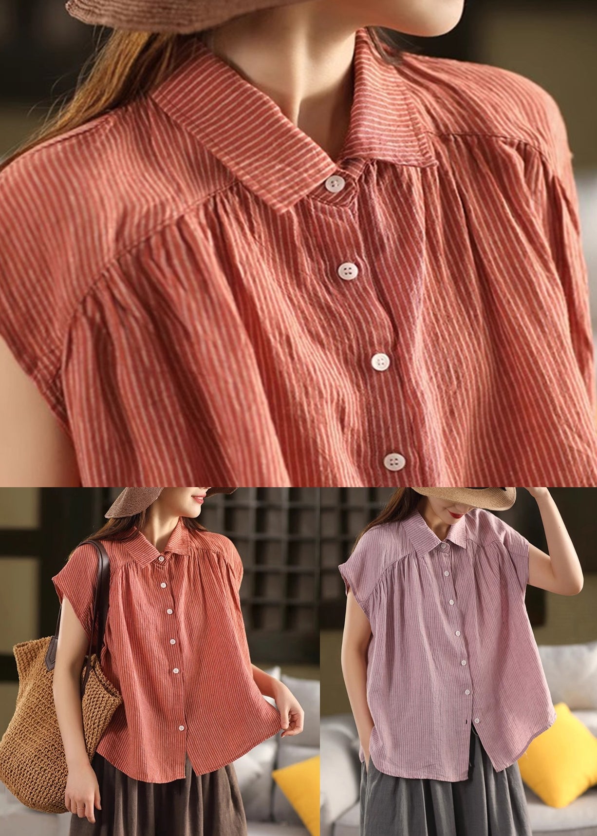 Orange Striped Button Linen Summer Blouses Peter Pan Collar