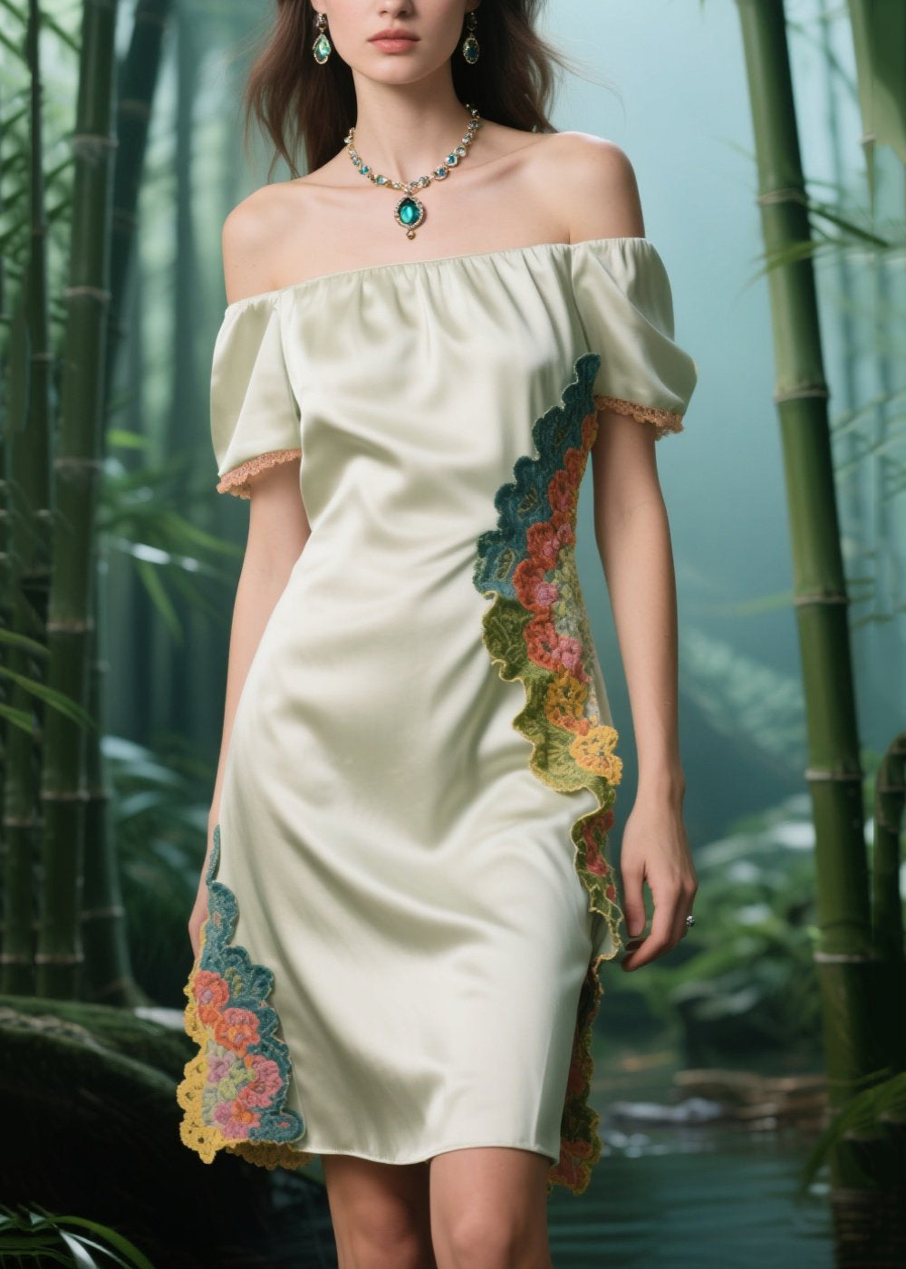 Organic Apricot Cold Shoulder Patchwork Silk Strapless Dress Summer