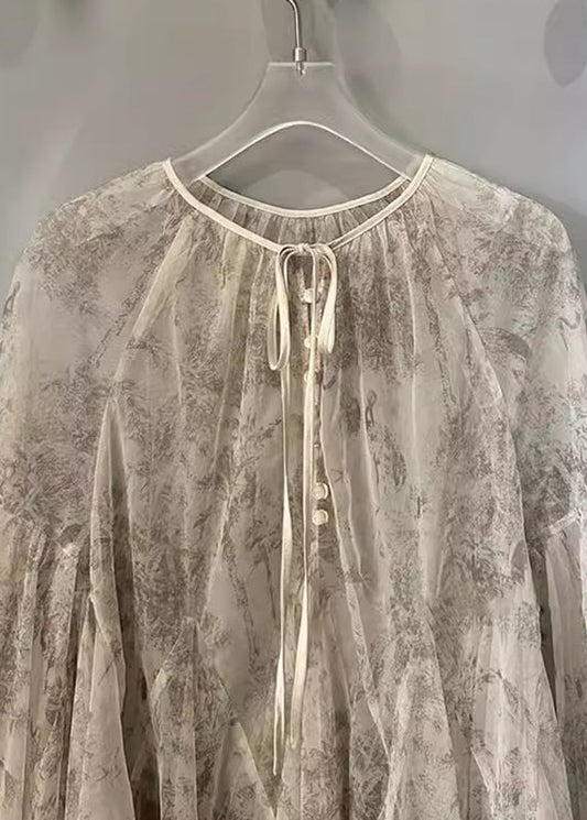 Organic Apricot Print Tie Lace Top Lantern Sleeve