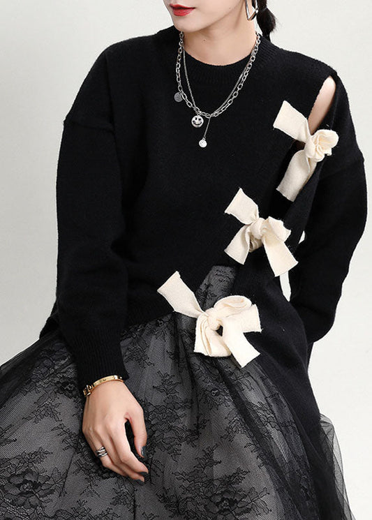 Bio-Pullover mit asymmetrischem Patchwork-Design, O-Ausschnitt, Schwarz