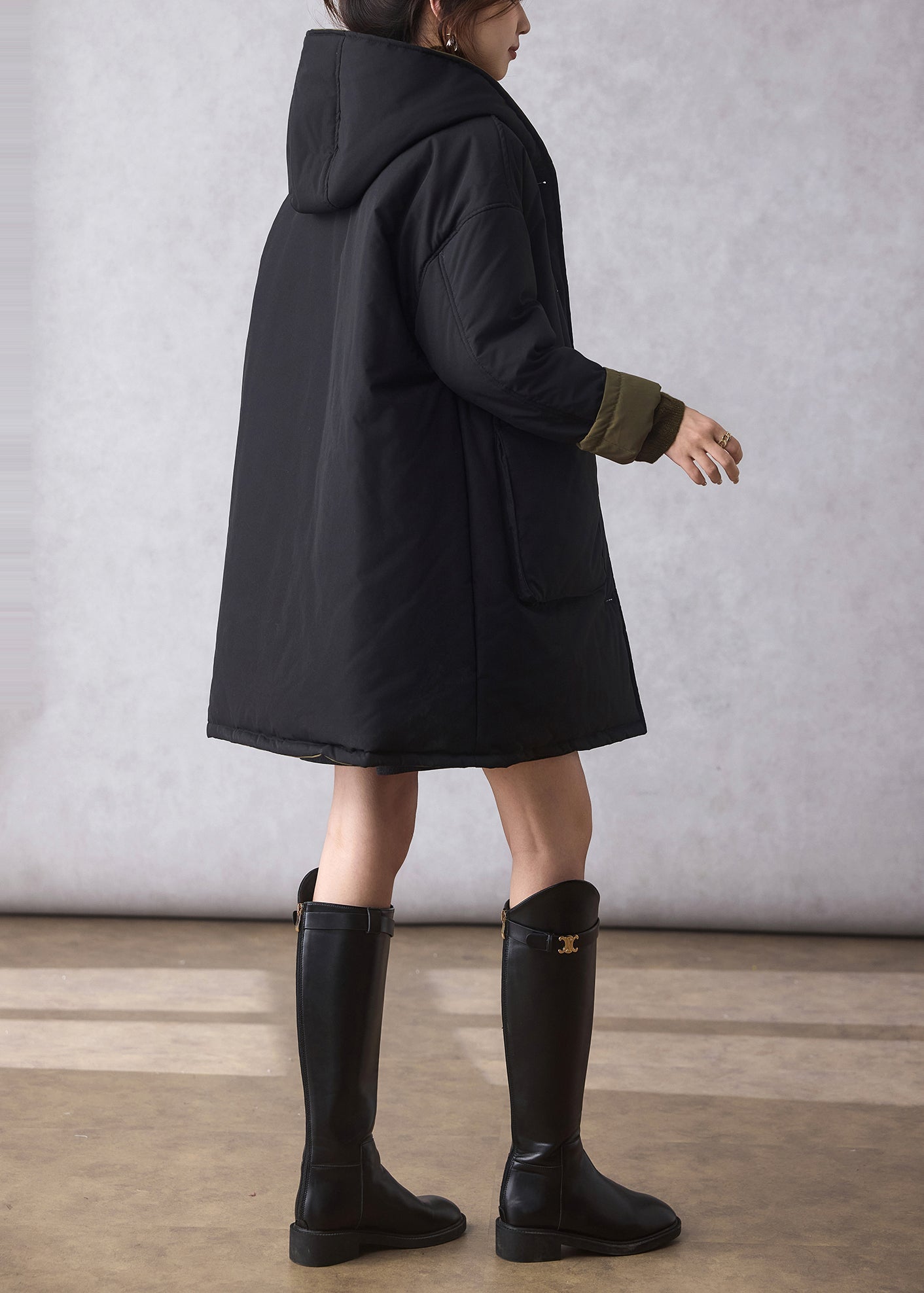 Organic Black Oversized Wear On Both Sides Fine Cotton Filled Hoodie Coat Winter