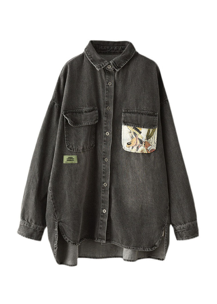 Abrigo vaquero orgánico negro con cuello Peter Pan, bolsillos y patchwork, manga larga