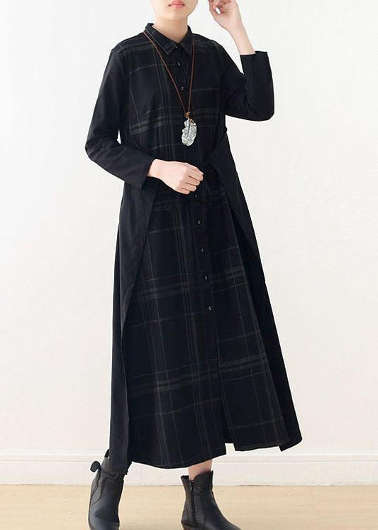 Organic Black Plaid Tie Long Sleeve Holiday Dress Fall - SooLinen