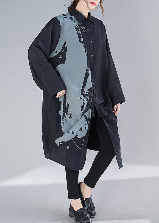 Organic Black Print Dresses Lapel Patchwork Loose Spring Dress - SooLinen