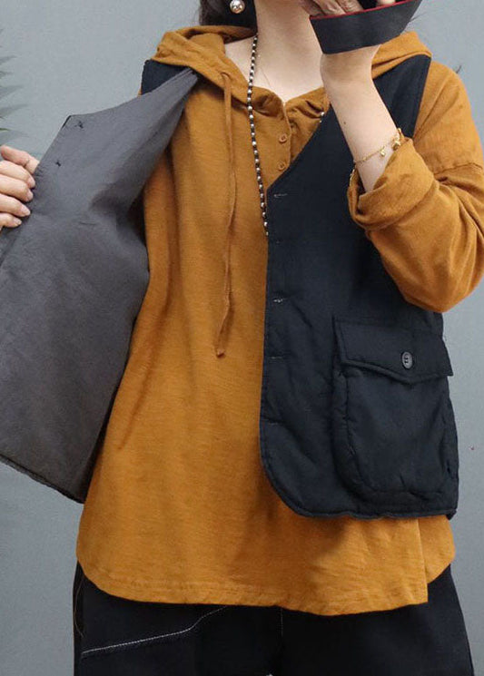 Schwarzes, ärmelloses Tanktop aus Bio-Baumwolle mit V-Ausschnitt und Taschen