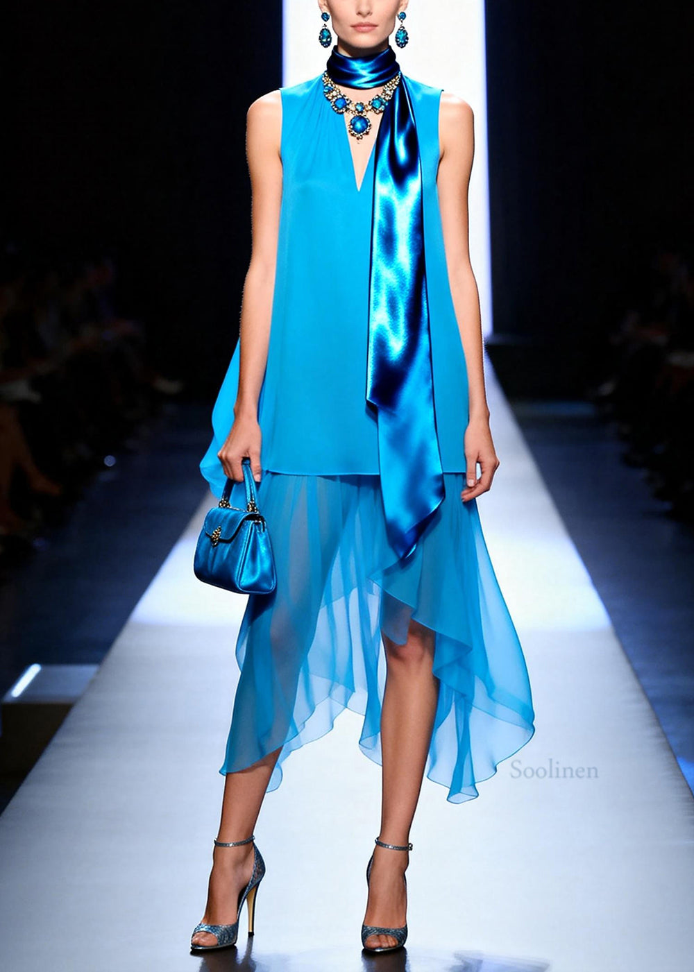 Organic Blue Asymmetrical Patchwork Chiffon Dress Sleeveless