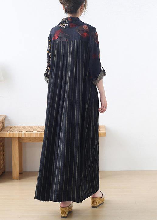 Organic Blue Print Patchwork Cotton Linen Long Dresses Summer - SooLinen