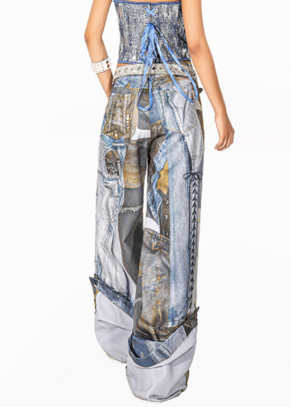 Organic Blue Print Pockets Patch Wide Leg Pants