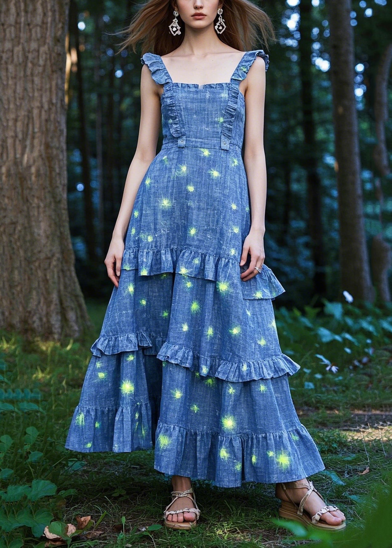 Organic Blue Ruffled Print Denim Cami Dresses Summer