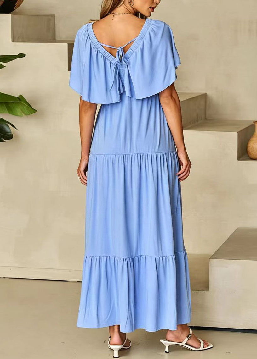 Organic Blue V Neck High Waist Cotton Maxi Dresses Summer