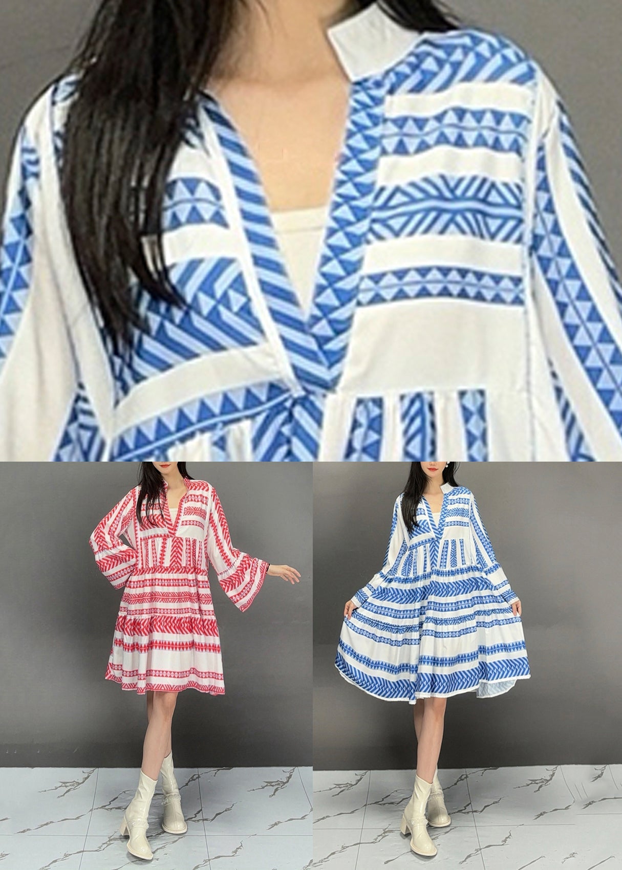 Organic Blue V Neck Striped Long Dress Flare Sleeve
