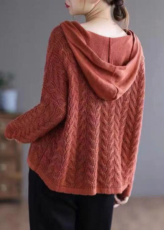 Bio-Karamell, lockerer Kapuzenpullover mit lässigem Knopf, Herbst-Strickpullover