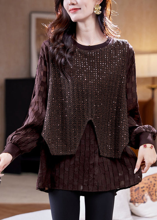 Organic Coffee Sequins Patchwork Fake Two Pieces Shirt Fall