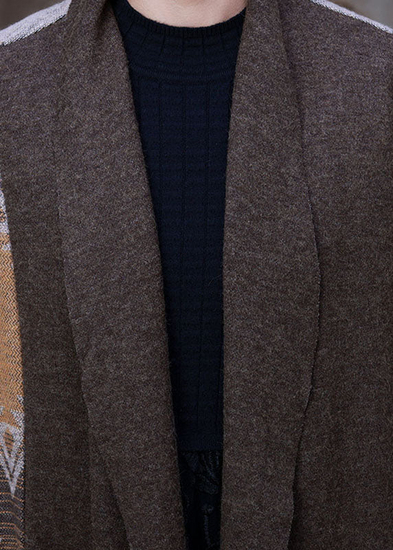 Bio-Schokoladen-V-Ausschnitt-Druck, asymmetrisches Design, Patchwork, Herbst-Wollmantel, lange Ärmel