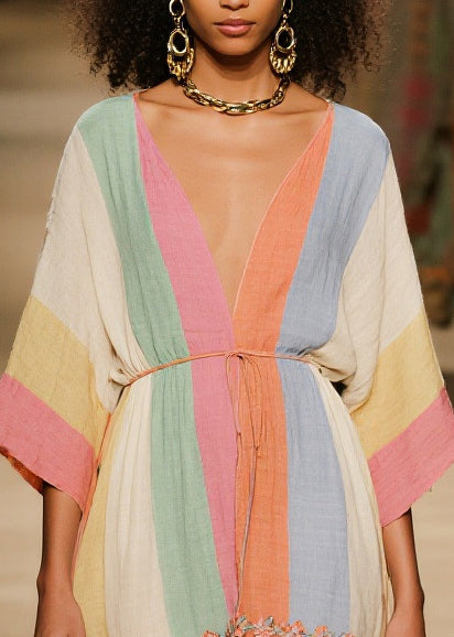 Organic Colorblock V Neck Floral Cotton Mid Dresses Summer