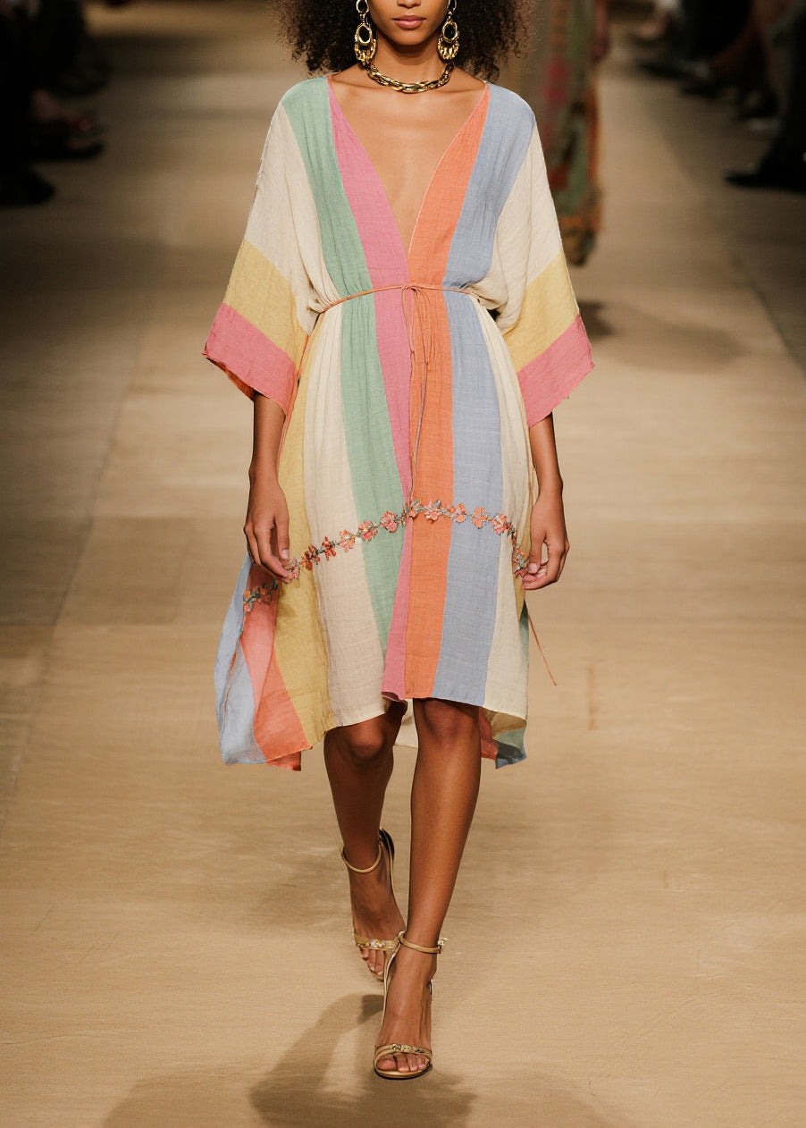 Organic Colorblock V Neck Floral Cotton Mid Dresses Summer