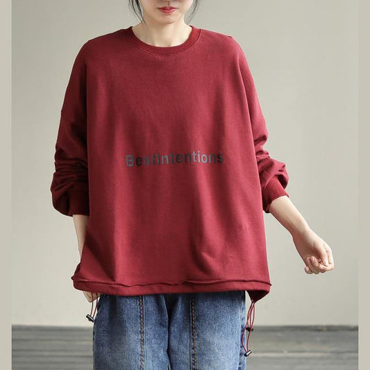 Organic Drawstring cotton Alphabet Prints Top Silhouette Sleeve Black Sweatshirt - SooLinen